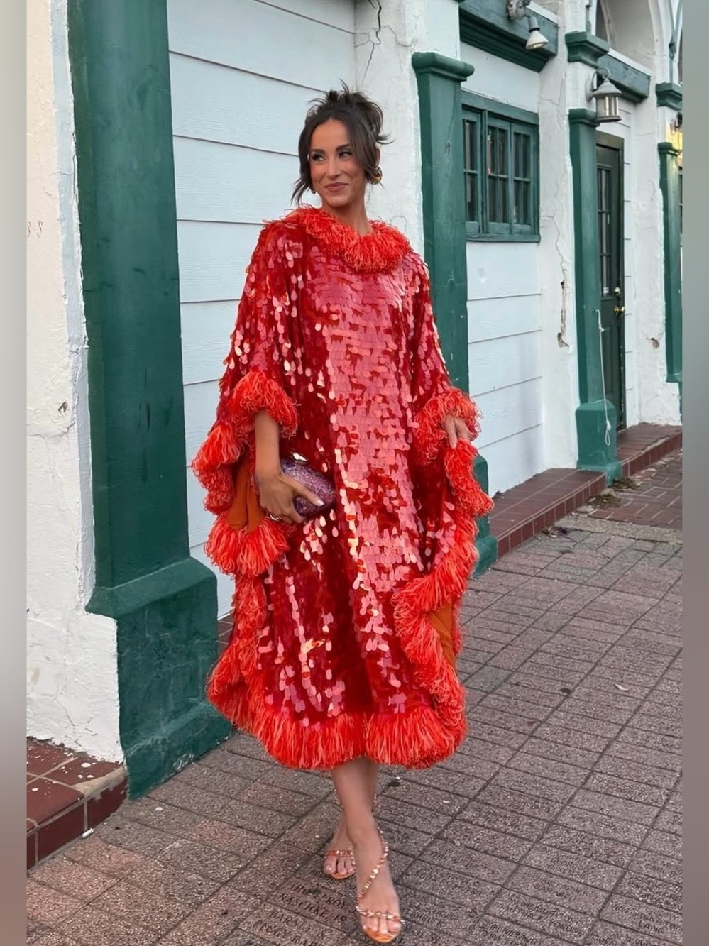 CeliaB Ziv sequin cape dress in orange and red
